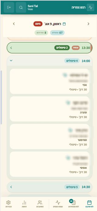 לוח השיבוץ היומי של Stable Trot, עם כל הטיפולים. שמות הרוכבים והמדריכים מטושטשים