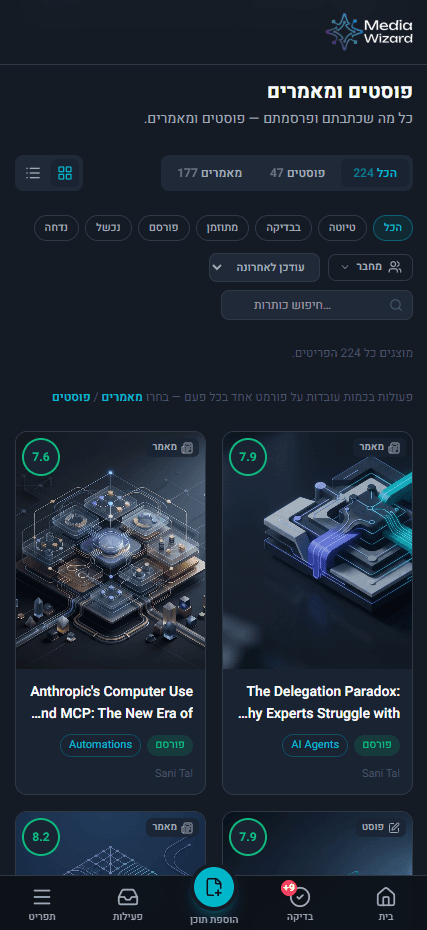 מסך הפוסטים והמאמרים של Media Wizard, כל פריט עם ציון וסטטוס